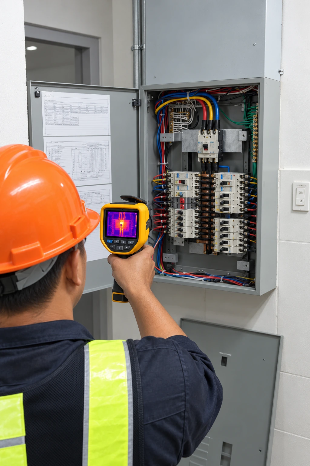 Illustrative recreation of an electrical field technician at work