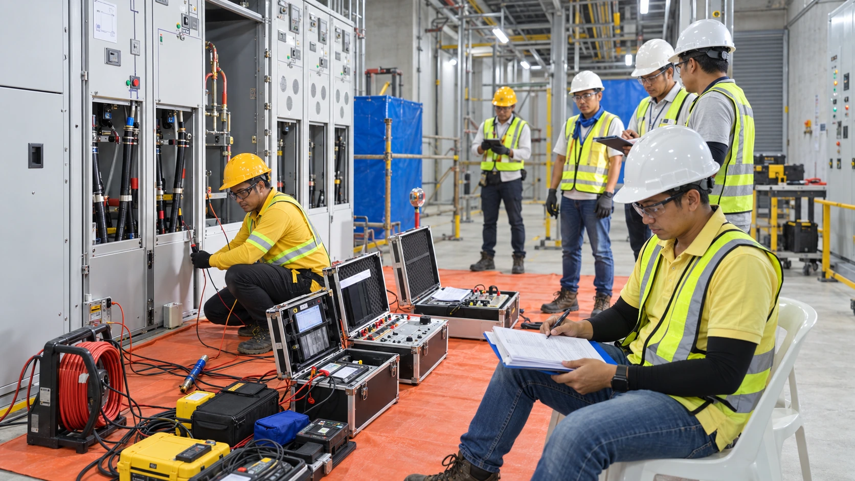 Illustrative recreation of electrical technicians commissioning rail infrastructure equipment