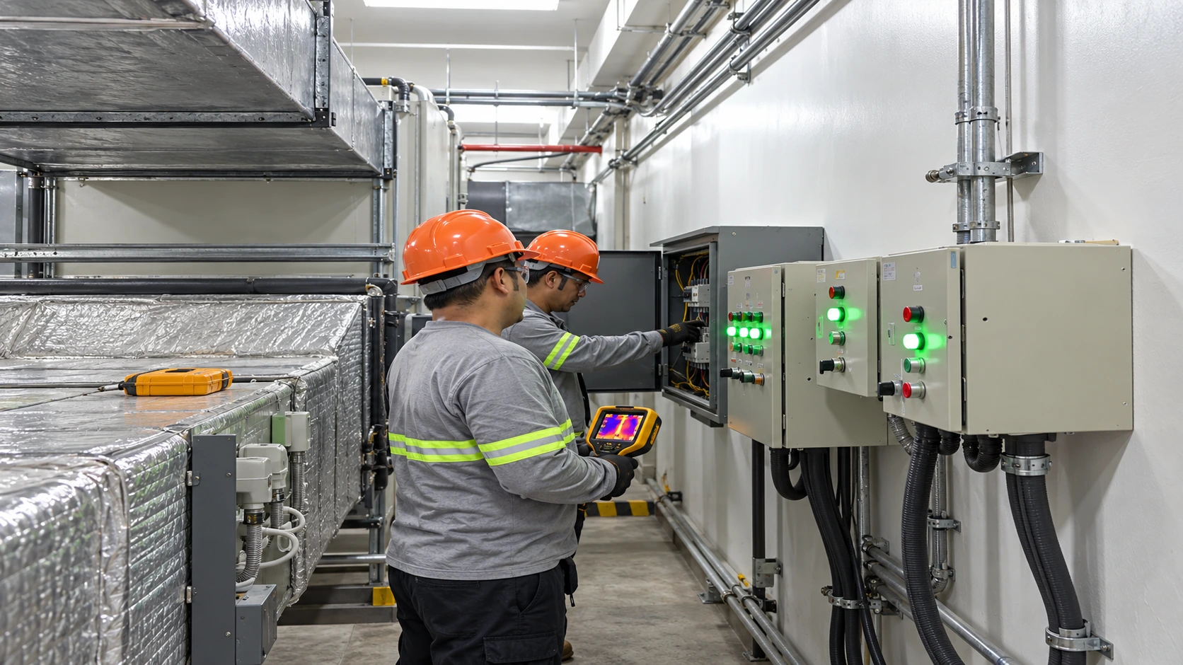 Illustrative recreation of electrical equipment inspection in an industrial switchgear room