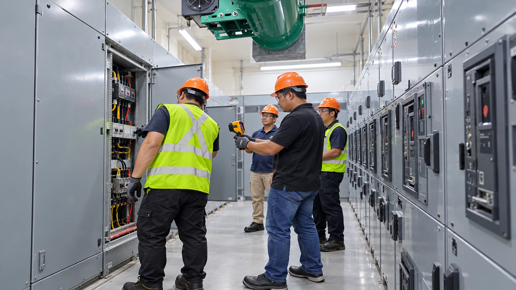 Illustrative recreation of a maintenance team coordinating work in an electrical equipment room