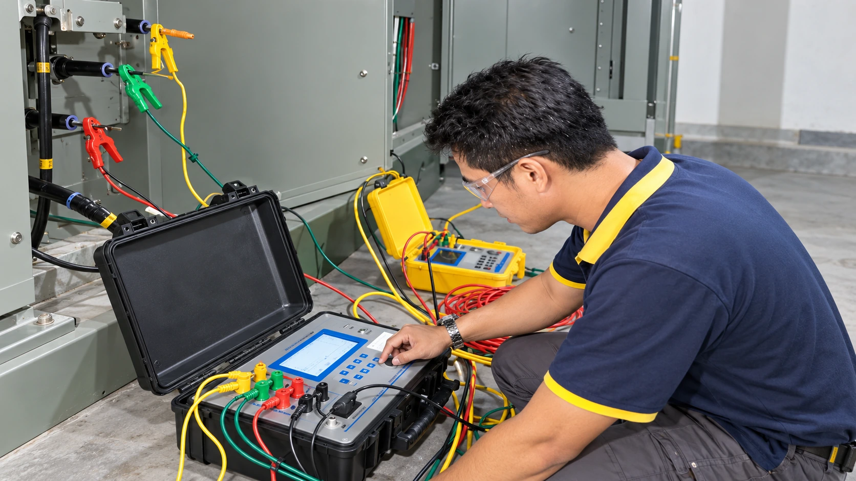 Illustrative recreation of a technician using electrical diagnostic equipment