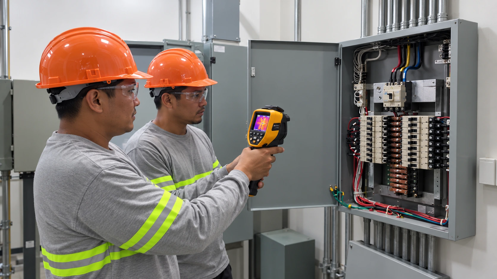 Illustrative recreation of technicians using a thermal camera to inspect an electrical panel